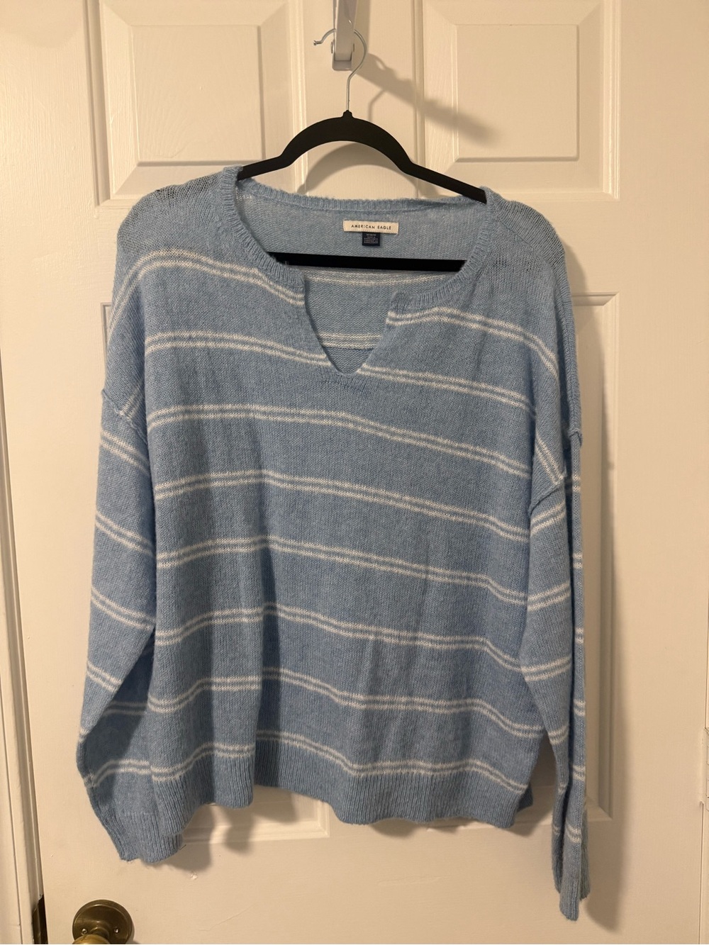 American Eagle Outfitters Light Blue & White Striped V‑Neck Sweater